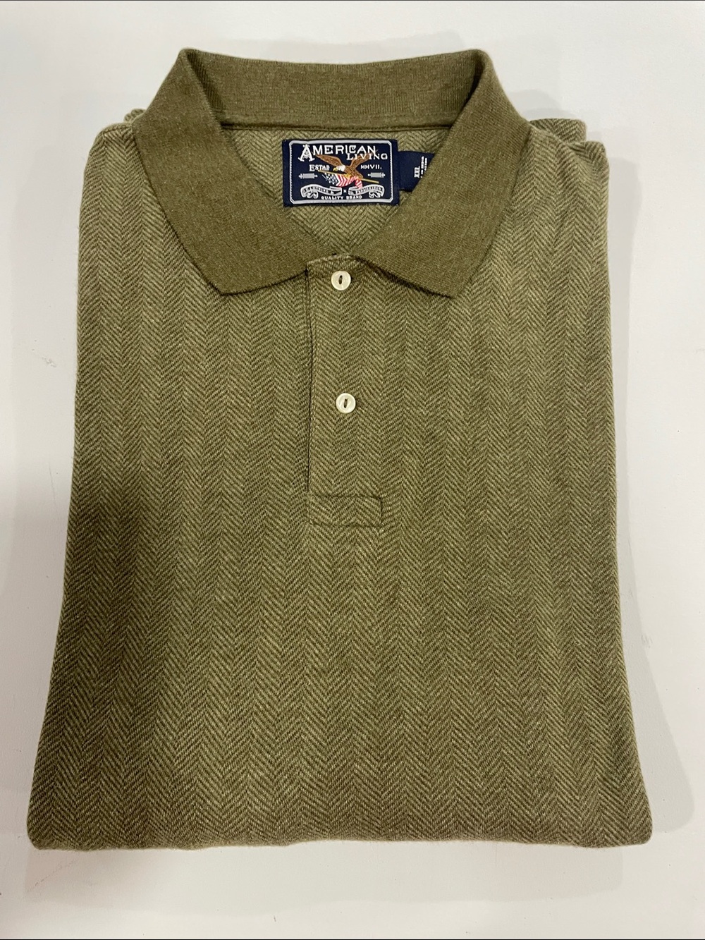 Men’s American Living green herringbone knit long sleeve polo top XXL new